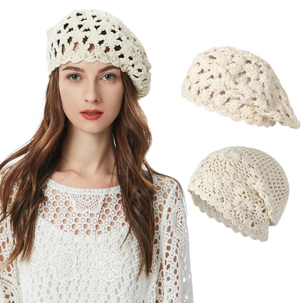 6659 Cotton Crochet Slouchy Beanie and Beret Hat Handmade Knit Cutout